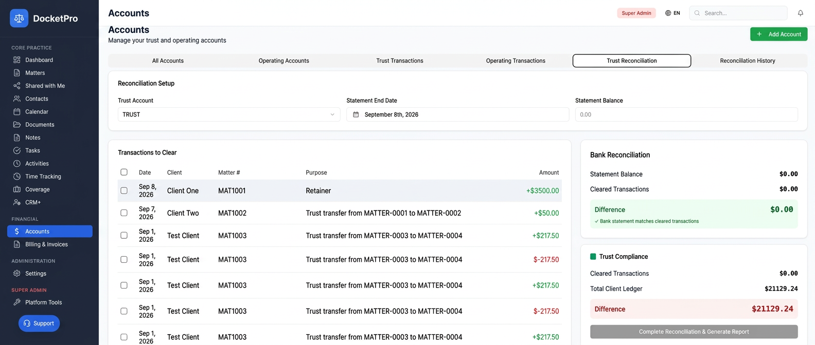 Trust reconciliation screen matching bank statement to cleared transactions