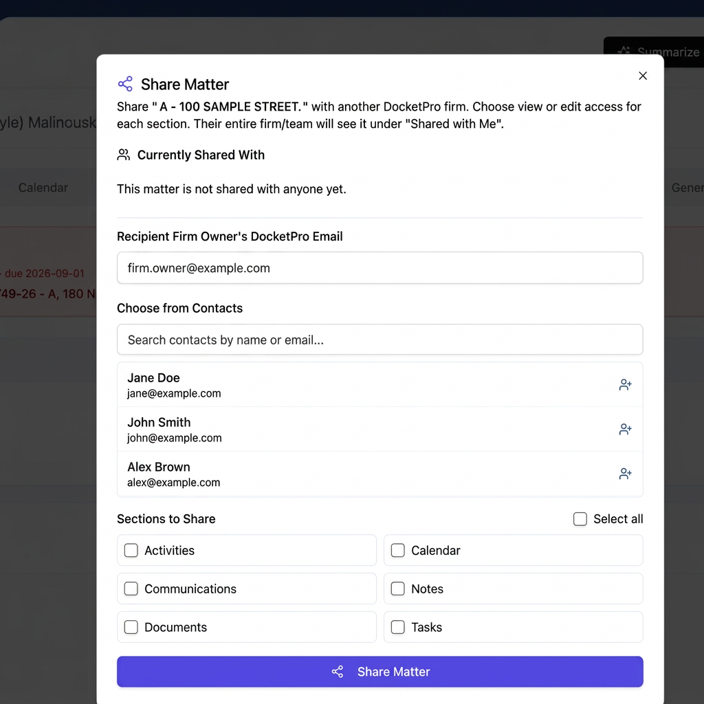 Share Matter dialog choosing which sections another firm can access