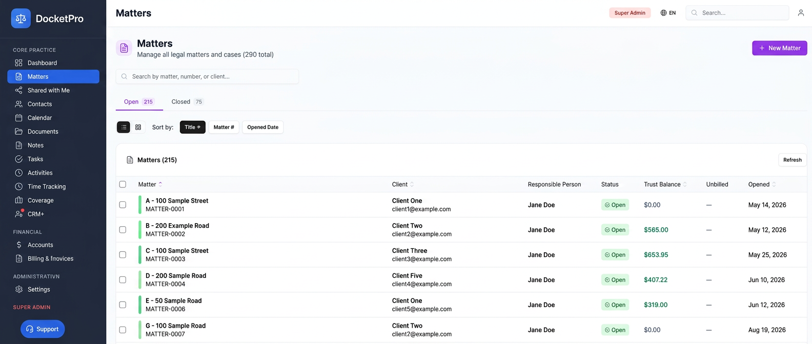 DocketPro matters list showing clients, status and trust balances